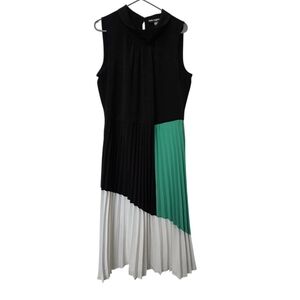KARL LAGERFELD Sleeveless Pleated Colorblock Dress Size 14 Black Green Midi